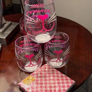 Pink Bunny Face Stemless Wine Glasses,(3) 20 count pink cocktail napkins, NWT